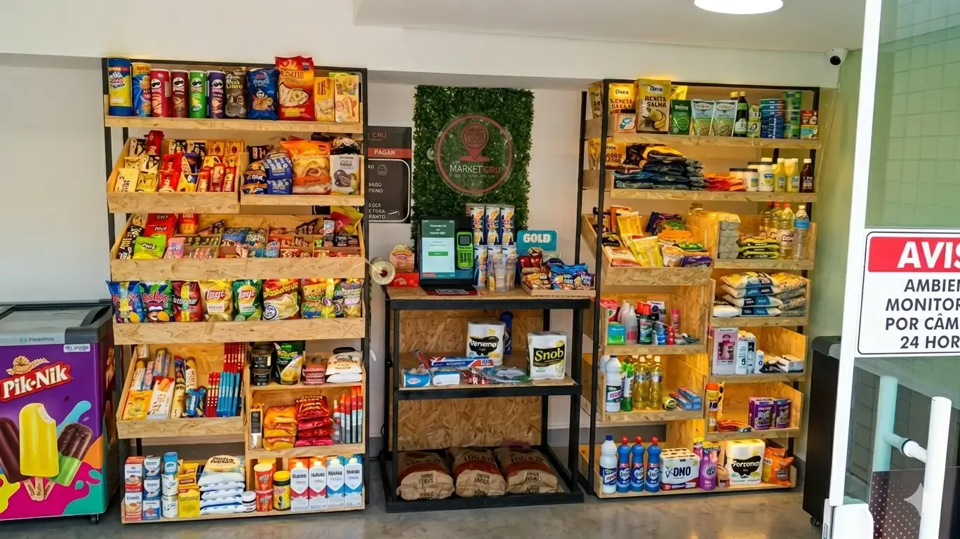 Prateleiras de mercado com produtos variados